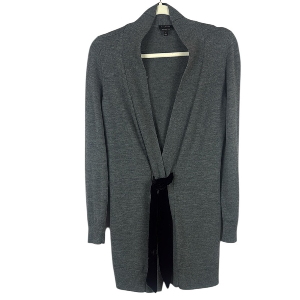 Talbots 100% Merino Wool Gray and Black Velvet Belt Duster Cardigan Size Small
